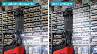 Anders als bei regulären Arbeitsscheinwerfern wird bei Linde VertiLight kein punktueller Lichtkegel erzeugt, sondern es entsteht eine großflächige, gleichmäßige und blendungsfreie Ausleuchtung vom Boden bis zur Hubhöhe. Anders als bei regulären Arbeitsscheinwerfern wird bei Linde VertiLight kein punktueller Lichtkegel erzeugt, sondern es entsteht eine großflächige, gleichmäßige und blendungsfreie Ausleuchtung vom Boden bis zur Hubhöhe.