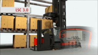 Die Linde System Control ist ein in verschiedenen Ausführungen verfügbares Assistenzsystem für die Schmalganggeräte von Linde. Animation zur Funktion der für die Linde Schmalganggeräte optional verfügbaren Linde System Control (LSC).